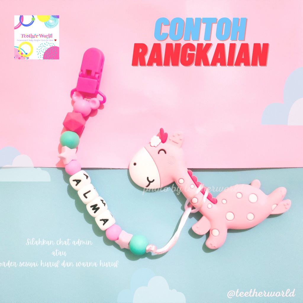 (FREE CASE) Set A Gigitan Bayi + Pacifier Clips / Tali Dot/ Tali Empeng/  Tali Custom Teetherworld-6 Huruf