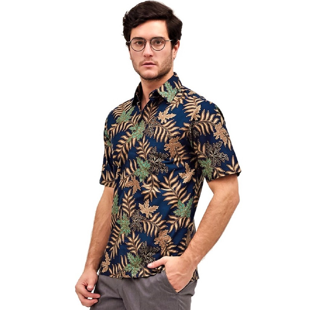 Kemeja Batik Pria Slimfit Premium Batik Galis Daun Bambu Biru Navy BG203