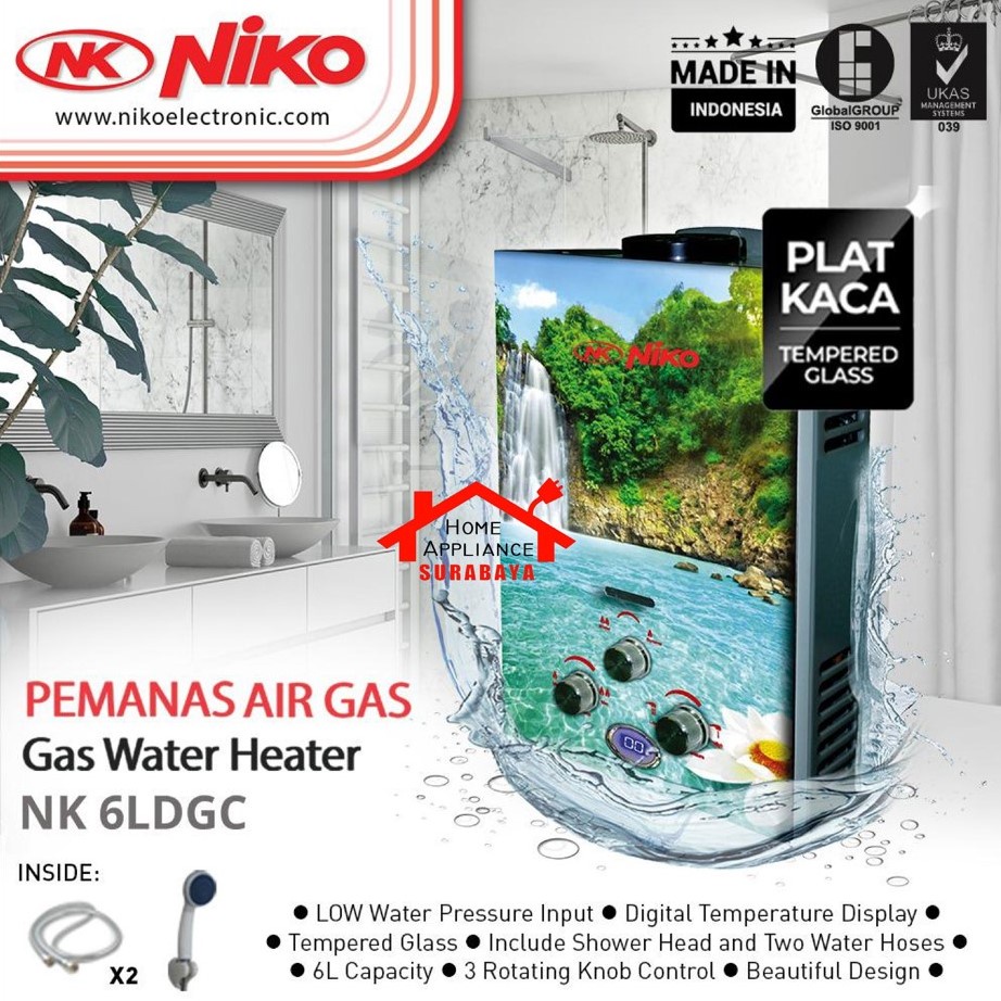 Water Heater - Pemanas Air Gas NIKO Body Kaca / Tempered Glass + Temperature LED Display Kapasitas 6 Liter NK 6 LDG A / B / C / D