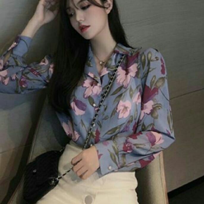 8090 BIRU Baju atasan blouse motif bunga lengan panjang cewek import baju blouse kerja wanita import