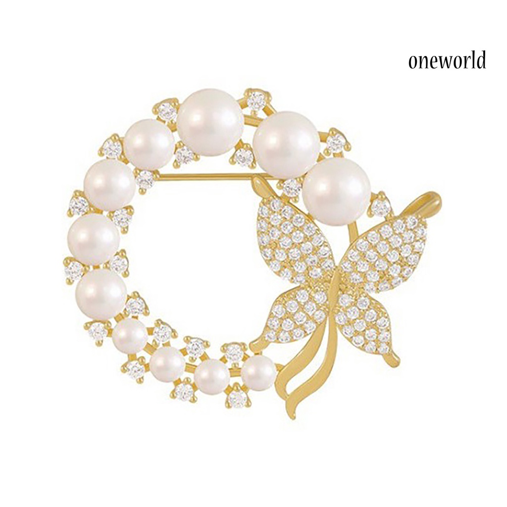 OW@ Brooch Round Hollow Out Luxury Round Faux Pearl Rhinestone Women Brooch for Dating