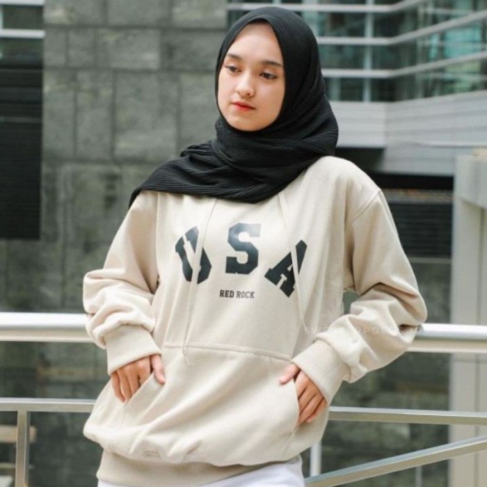 Ramaas Sweater Hoodie Jumper Sablon USA Redrock Pria & Wanita Bahan Tebal - Cream, XL mrh