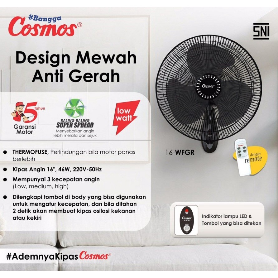 Cosmos Wall Fan 16-WFGR Kipas Angin Dinding 16 Inch Remote 16WFGR / 16 WFGR Wall Fan Remote Hitam