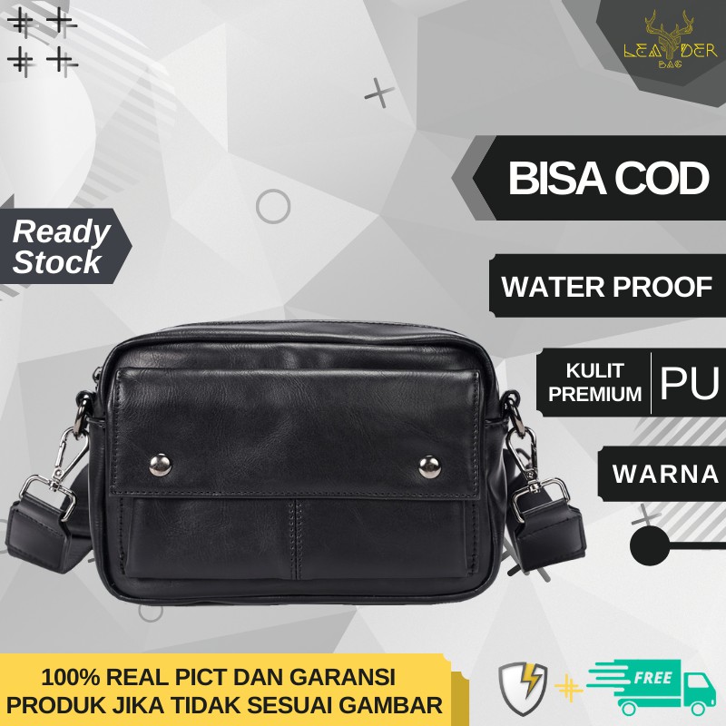 Tas Selempang Kulit Cowok Original Model Terbaru Warna Hitam Atau Tas Kulit Pria Import Waterproof