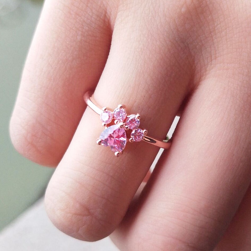Cincin Open ring adjustable Desain Kartun Telapak Kaki Kucing Hias zircon Untuk Wanita