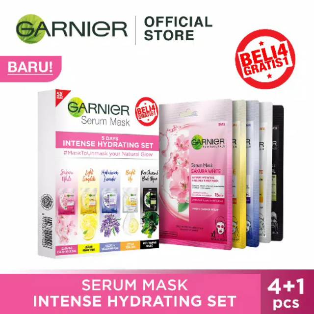 Garnier Serum Mask 5 Days Intense Hydrating Set - Paket Masker Wajah Untuk Kulit Glowing Alami