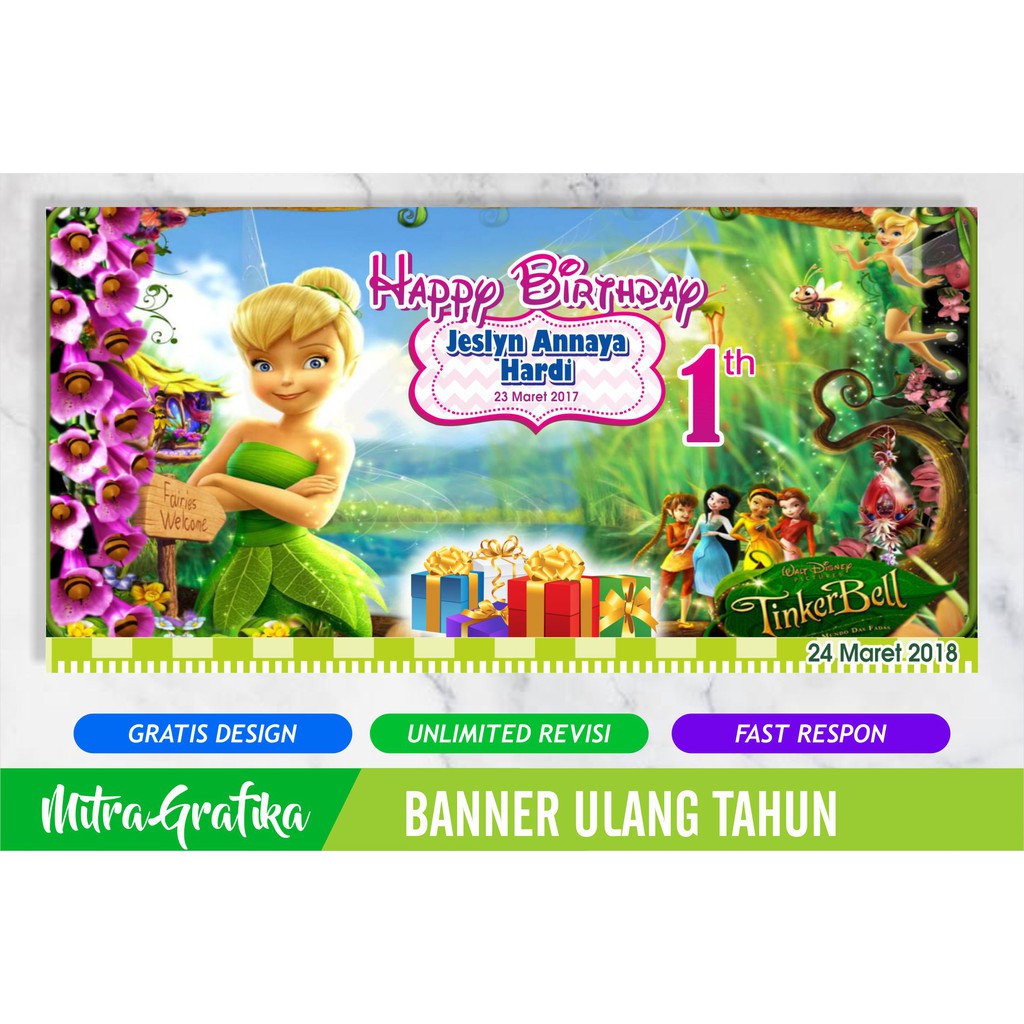 Banner Backdrop Spanduk Ulang Tahun Ultah Tema Tinkerbell Ukuran