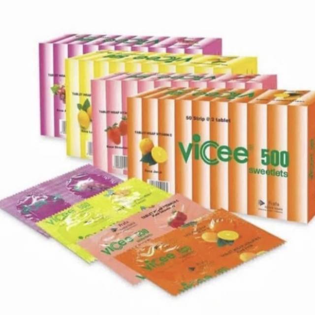 Vicee vitamin C 500 mg kemasan strip isi 2 tablet hisap jeruk | lemon | strawberry | anggur