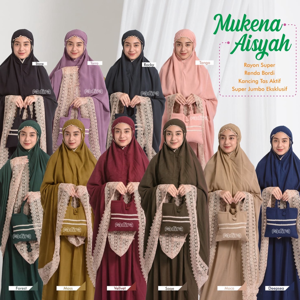Mukena Aisyah Polos Warna / Rukuh Polos Renda / Telekung Polos by Fadira