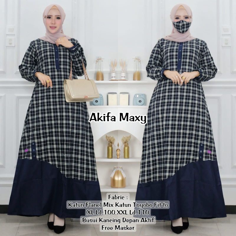 Gamis Akifa Dress Maxy Flanel Mix Katun Toyobo Motif Kotak (FREE MASKER)