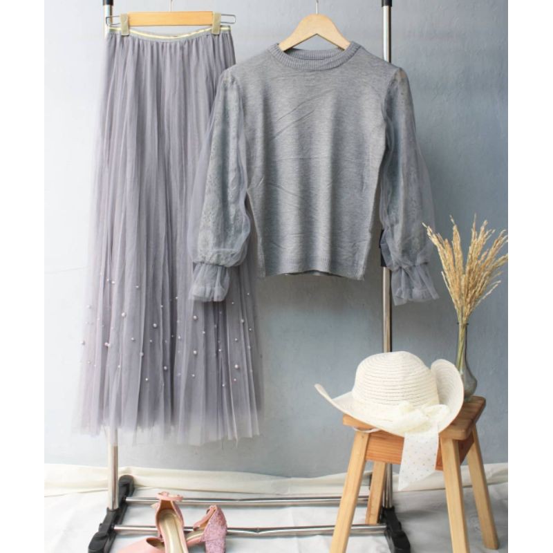 one set top rajut rok tutu blouse rajut baju cewek baju import rok plisket