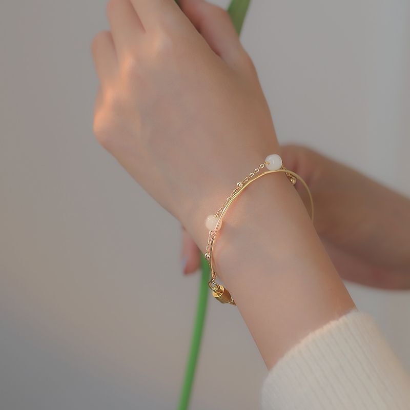 Gelang Manik-Manik Giok Hetian Hijau Opal Model Lapis Ganda Gaya Vintage Korea Untuk Wanita