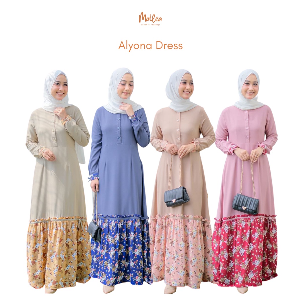 Gamis wanita motif bunga gamis kombinasi polos by Alyona dress