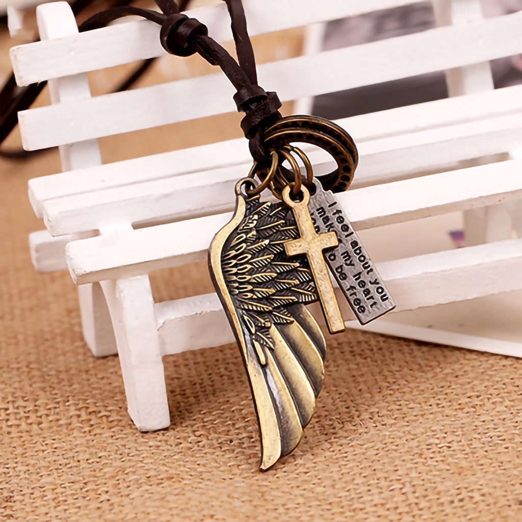 Hu Hu Hu Hu Hu Alat Bantu Pasang Kacamata♡ Kalung Tali Kulit Imitasi Liontin Sayap Malaikat Gaya Retro Untuk Unisex