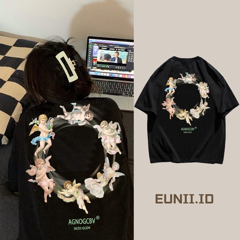 EUNII T-shirt Lengan Pendek Dewa Asmara Pencetakan Longgar Korean Style/Kaos Atasan Wanita/Baju Kaus Oversize Wanita