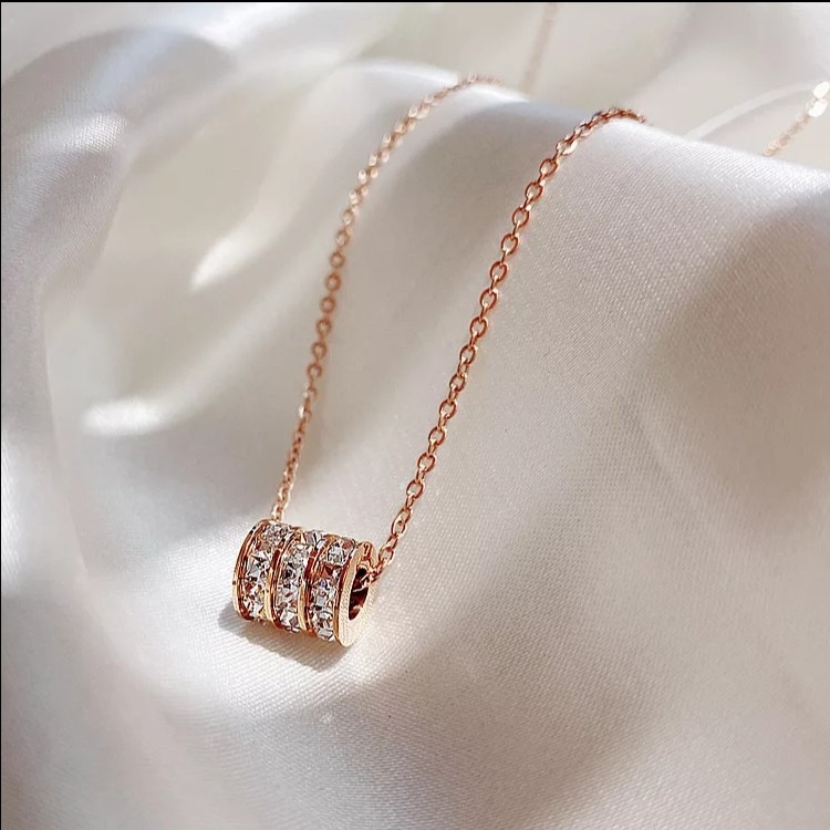 Kalung Rantai Titanium 3 Ring Kristal Putih Tersedia Warna Rosegold dan Gold