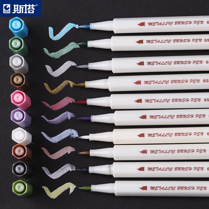 

☬♚﹊Sta logam cat pena spidol warna pearlescent set tangan akun grafiti DIY sorot pena kepala lembut
