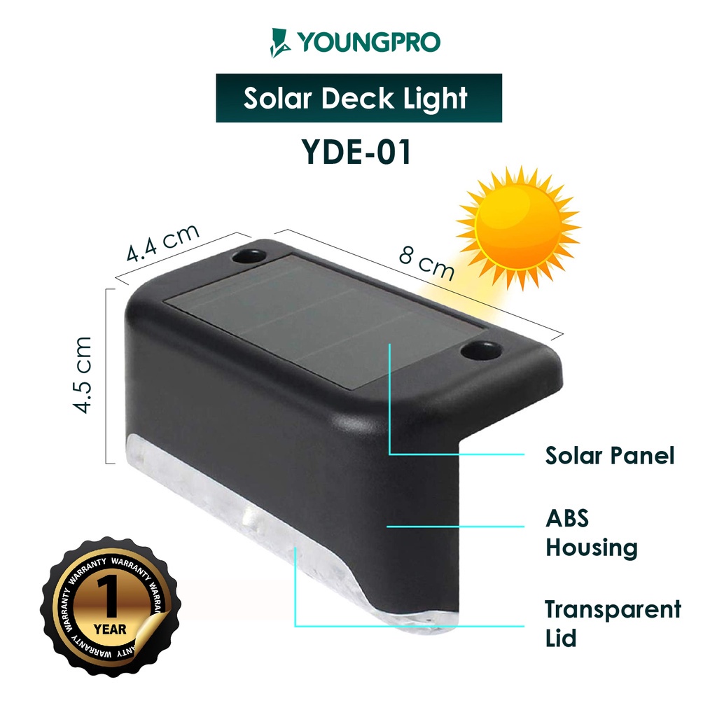 YOUNGPRO YDE-01 - ( Garasi 12 Bulan ) Lampu Taman Tenaga Surya Lampu Hias Outdoor Solar Deck Step Light Lampu Minimalis Hemat Energi Lampu Pagar Lampu Tanpa Kabel Menggunakan Polycrystalline Solar Panel Tahan Air IP65