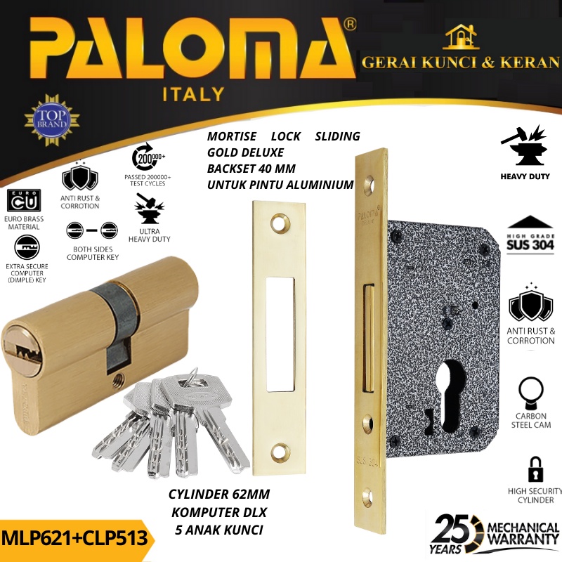 PALOMA MORTISE LOCK CYLINDER MLP 621 CLP 513 BODY KUNCI SLIDING 40MM CYLINDER 62MM GOLD KOMPUTER KEY