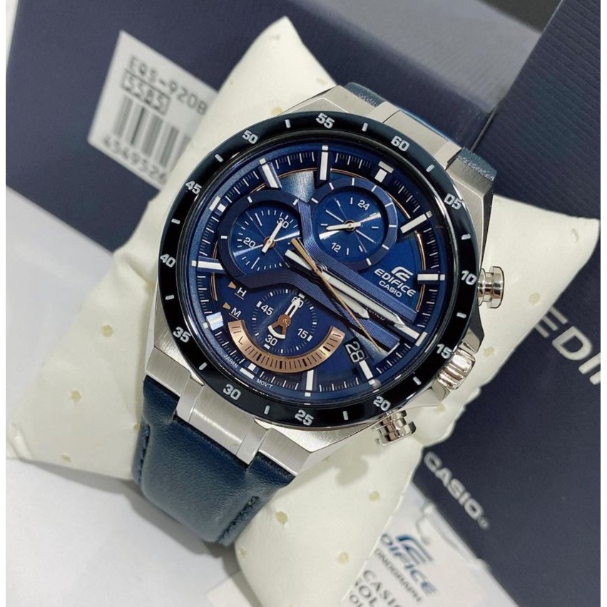 Jam Tangan Pria Casio Edifice EQS-920BL Leather Blue Non Solar Fullset