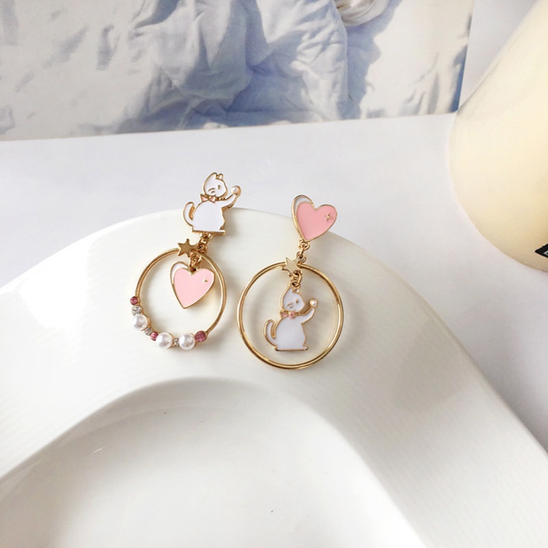 Fancyqube Anting Tusuk Gantung Wanita Desain Kucing / Bulan / Bintang / Bunga Asimetris Untuk Pesta / Hadiah