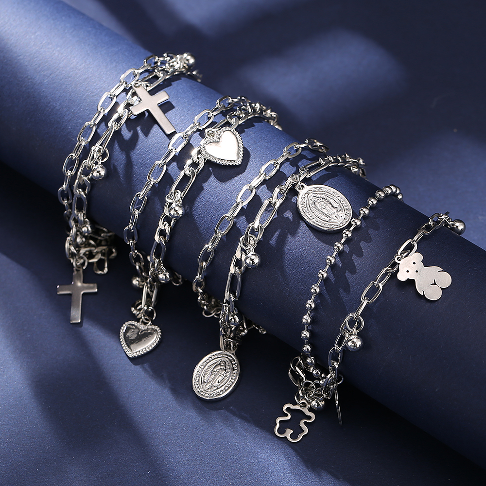 Gelang Multilayer Desain Beruang Salib Hati Warna Silver Gaya Korea Untuk Pasangan
