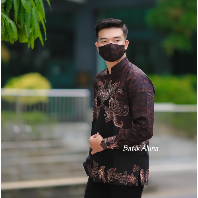 Baju Muslim Pria Batik Premium Dewasa Kemeja Lebaran 2022 Trend Lengan Panjang Modern Furing Katun Adhem Batik Solo Aluna MBA 010