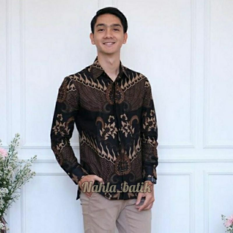 Baju Batik Pria Lengan Panjang Premium Best Seller Nahla Original batik-Garda hitam