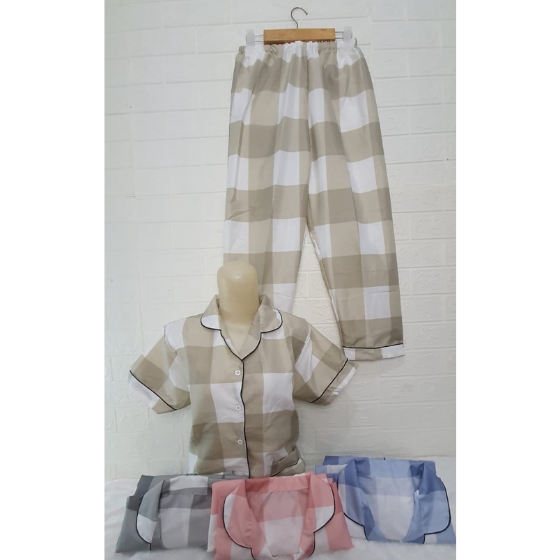 Setelan Lengan Pendek Piyama Baju Tidur Wanita Guilen Kotak Pajamas Cewek Dewasa Kekinian Abg-L NONA Pendek Coksu