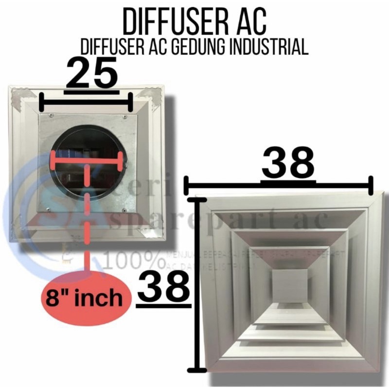 Difuser ac grill ducting 38x38cm ukuran luar cerobong 8 inch diffuser ac