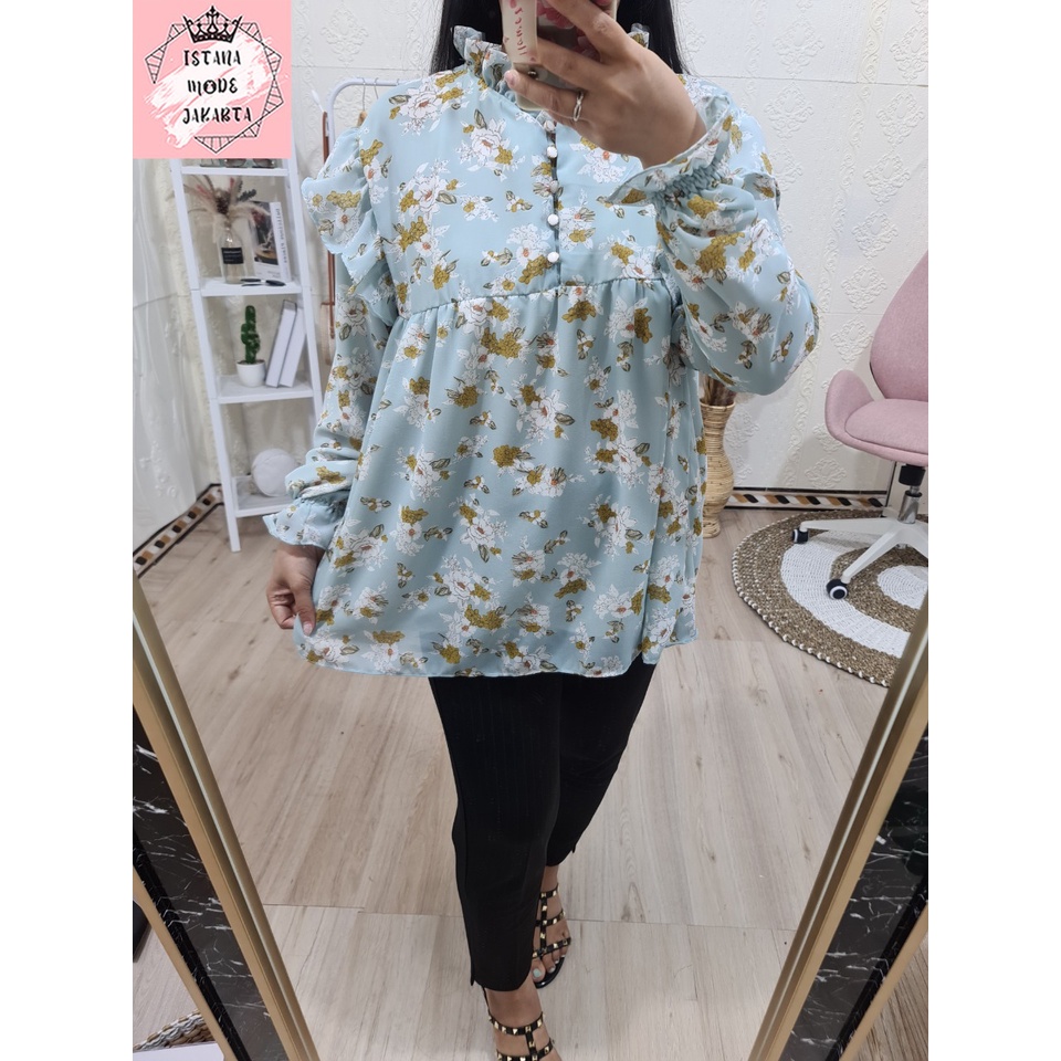 ISTANA MODE JAKARTA Zira baju atasan wanita terbaru blouse korean style blouse wanita lengan panjang-BIRU ABU-3