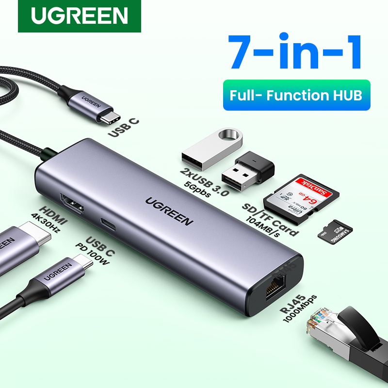 【Stok Produk di Indonesia】Ugreen USB HUB 4K 30Hz/60Hz USB C Ke HDMI 2.0 RJ45 USB 3.0 PD Adapter