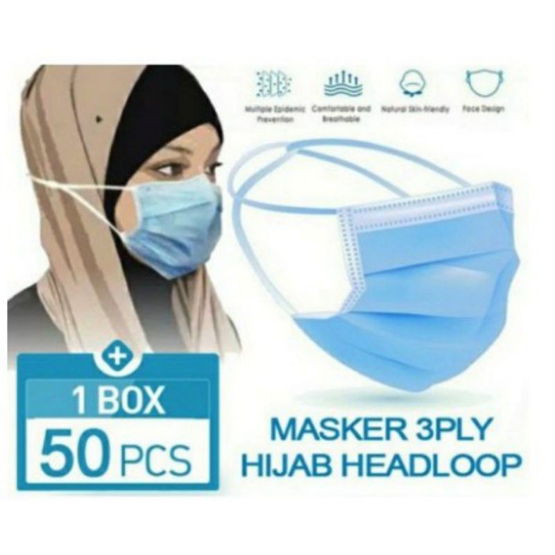 Masker 3ply Hijab Headloop / MASKER HIJAB HITAM/MASKER MEDIS