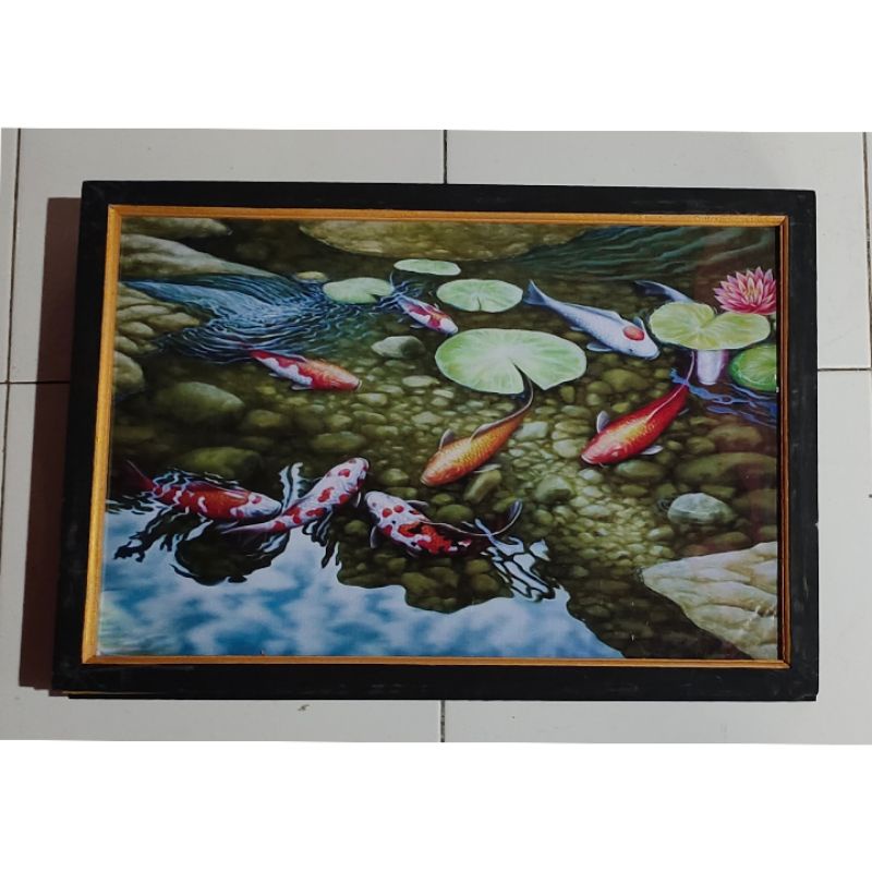 hiasan dinding lukisan cetak ikan koi plus bingkai ukuran 65x45