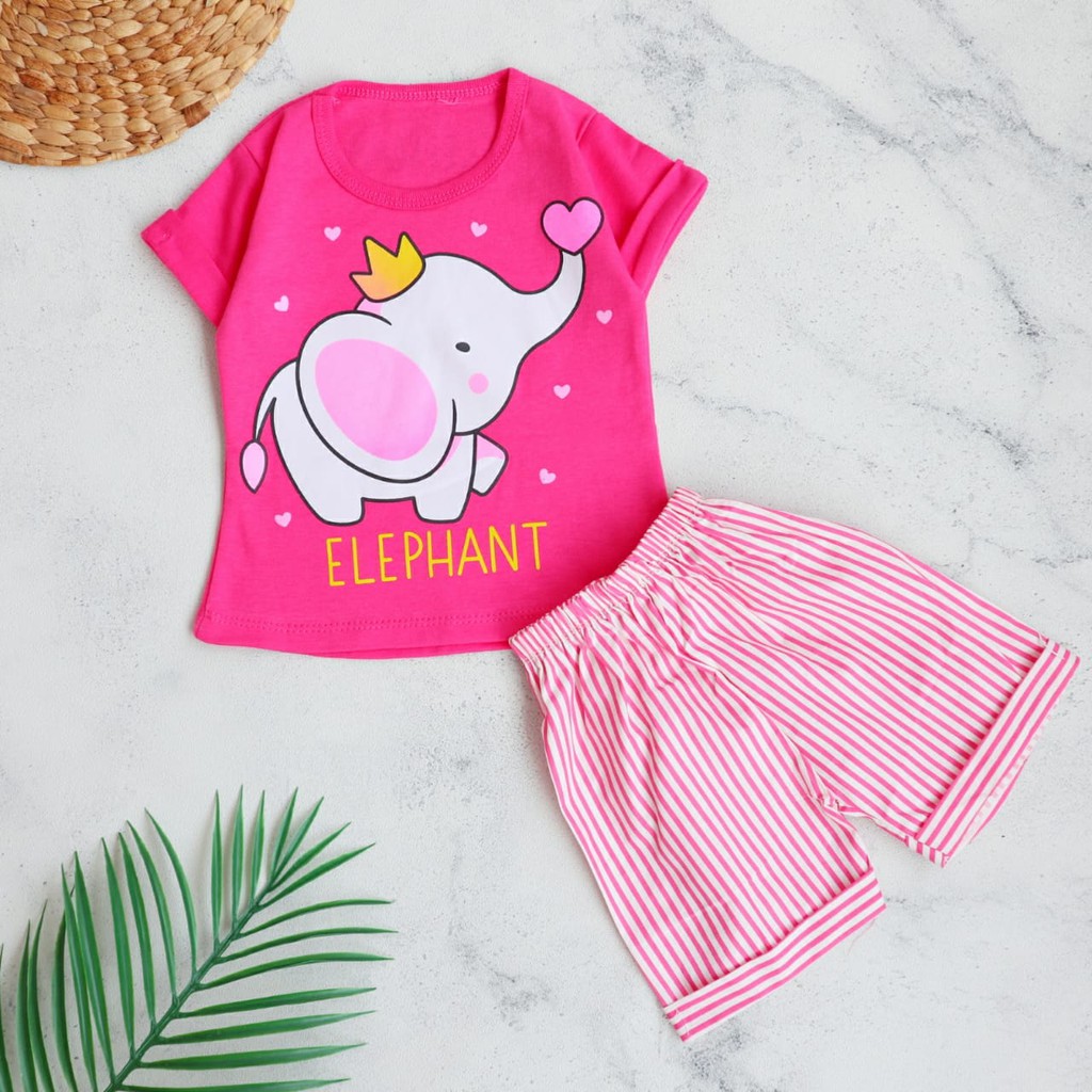 FILCO Motif Queen Elephant / Setelan Baju Celana Anak Bayi Perempuan usia 3 bulan - 12 bulan