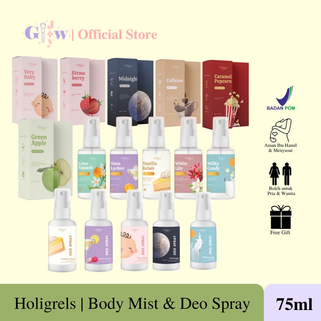 HOLIGRELS (75ml / 5ml / 10ml) body mist deo spray parfum pewangi pengharum badan murah bpom midnight strawberry tahan seharian awet perfume deospray deodorant ketiak ketek wangi bau mencerahkan deodoran viral decant share popcorn caramel apple