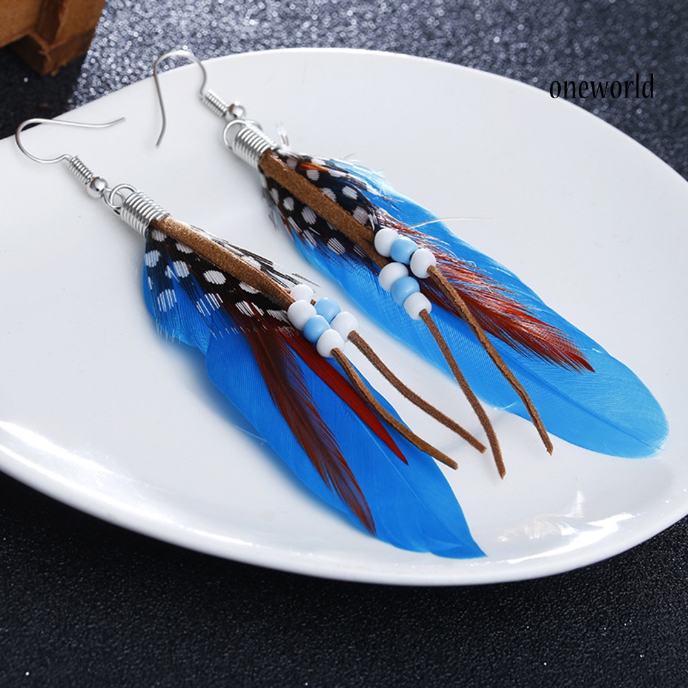 OW@ Bohemian Women Indian Feather Beads Tassel Dangle Hook Earrings Jewelry Gift