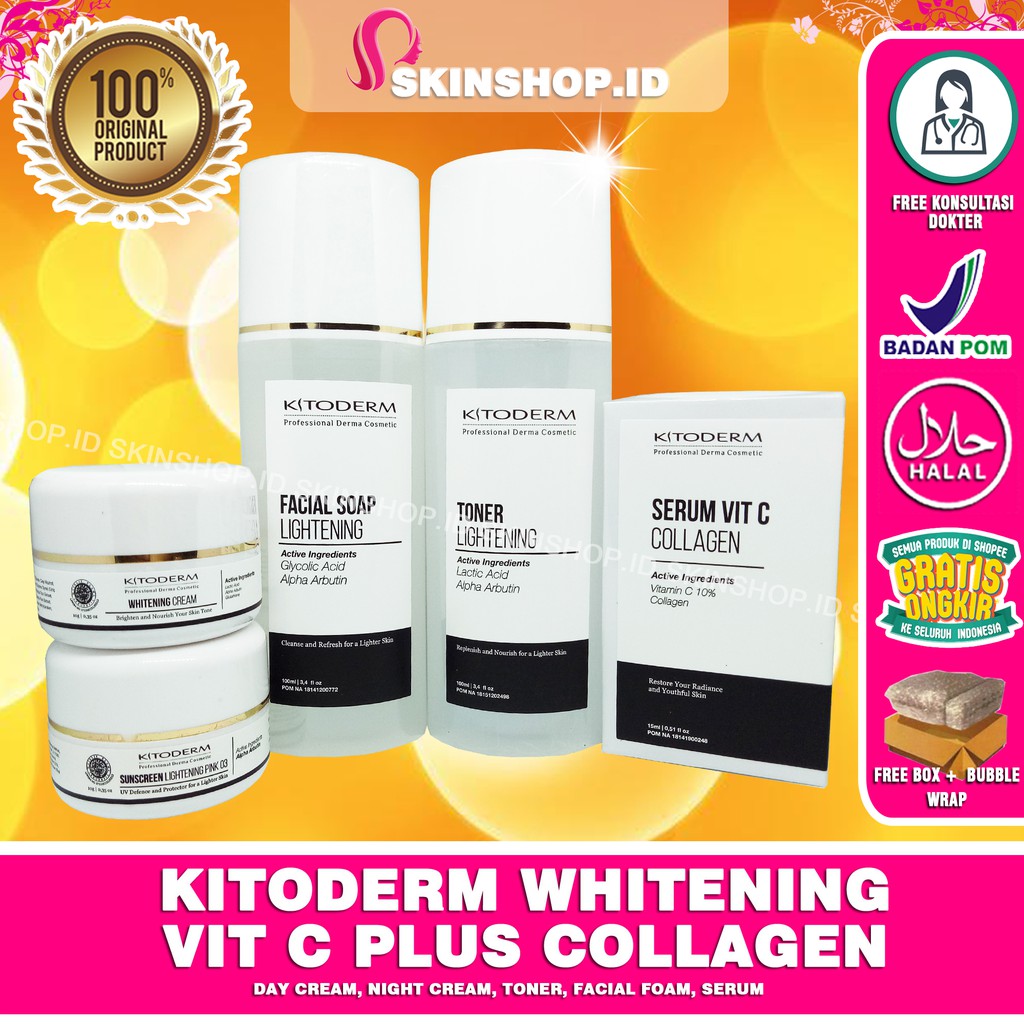 PAKET Kitoderm Whitening Vit C Plus Collagen Original / Paket Memutihkan Anti Kusam isi 5 BPOM Aman