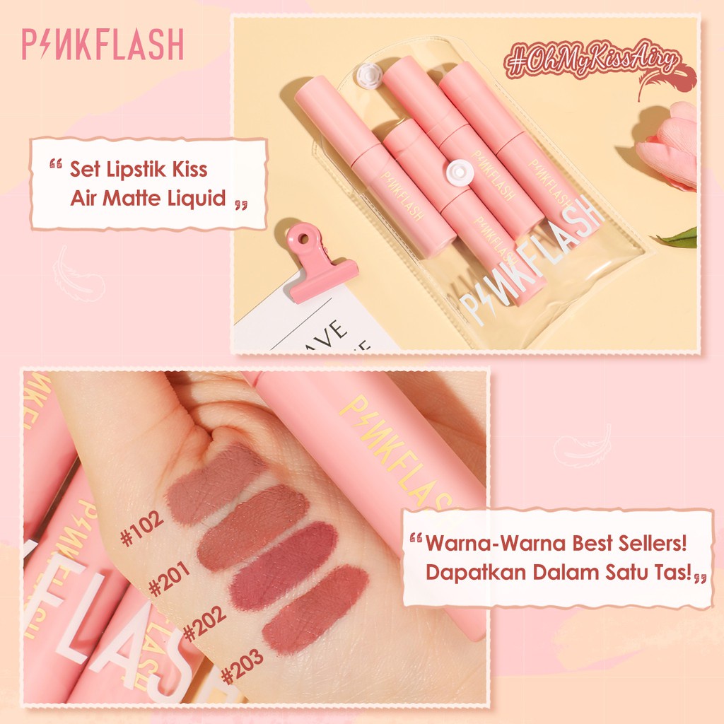 PINKFLASH  4Pcs Makeup Set Liquid Lipstick Set OhMyKissAiry Matte  Lip Tint With 1 Waterproof PVC Lipstick Bag