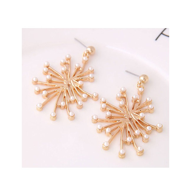 LRC Anting Tusuk Fashion Gold Color+white Metal Petal Pearl Earrings A57311