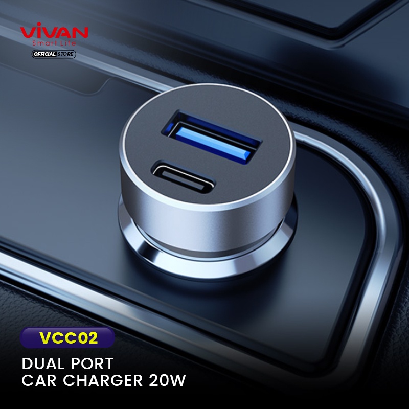 Car Charger VIVAN Casan Mobil 2 Ports USB-A &amp; Type C 20W 3A QC3.0 PD Fast Charging Garansi 1 Tahun VCC02 Silver ORIGINAL