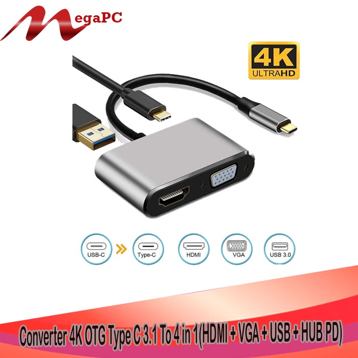 Converter 4K OTG Type C 3.1 To 4 in 1(HDMI + VGA + USB + HUB PD)