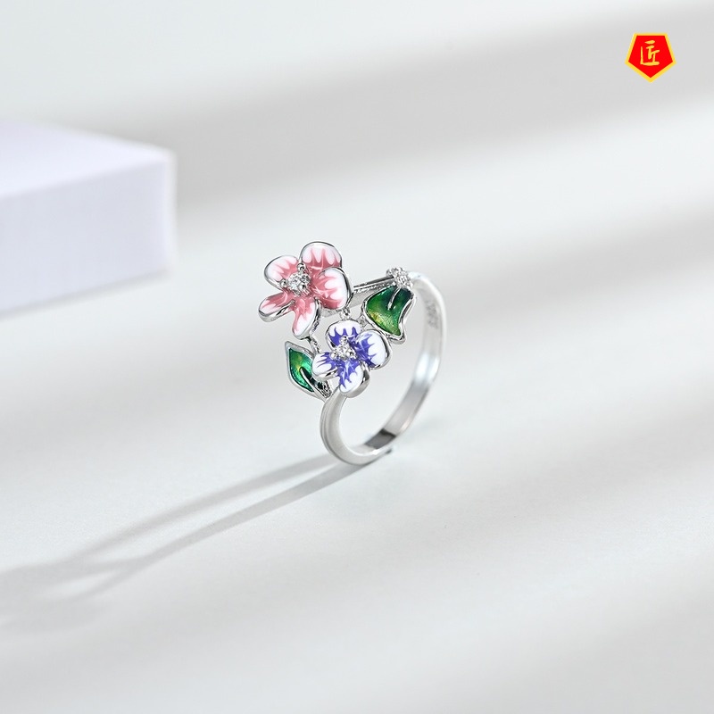 [Ready Stock]Flower Enamel Earrings Ring Set Elegant Necklace