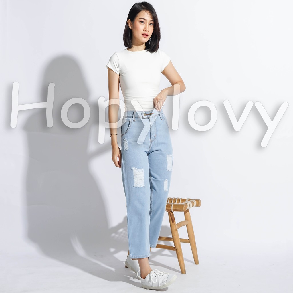 HOPYLOVY - Celana Jeans Boyfriend Wanita Ripped Furing Danita