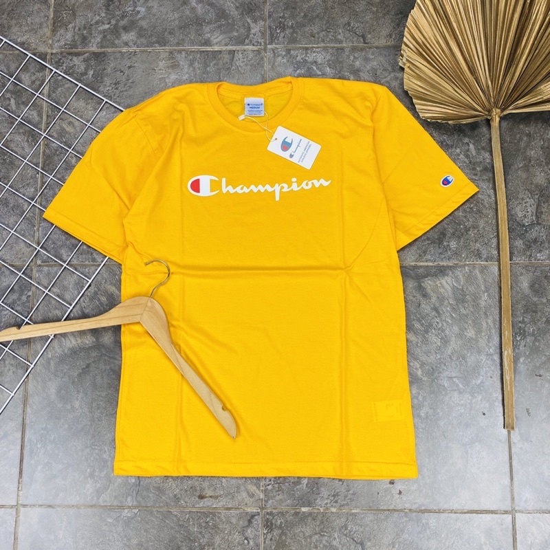 KAOS T SHIRT TEE CHAMPION LOGO FONT BIG BASIC PRINTED KUNING PREMIUM AUTHENTIC