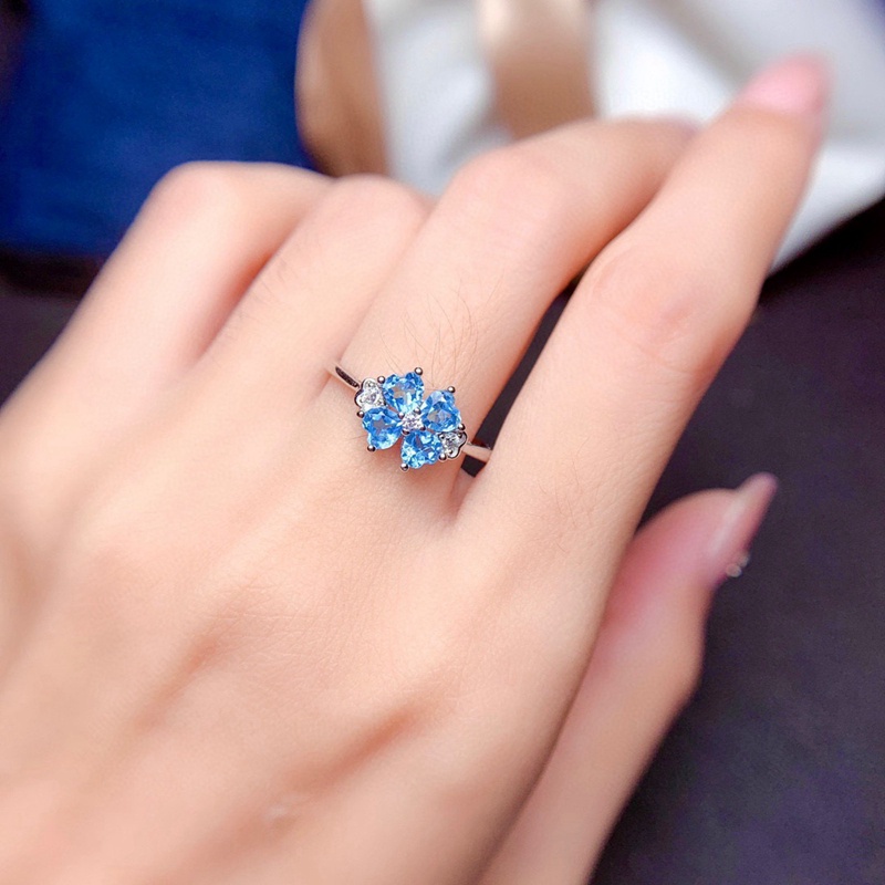 Fancyqube Cincin Sterling Silver 925 Model Terbuka Desain Daun Clover Hias Topaz Biru Untuk Wanita