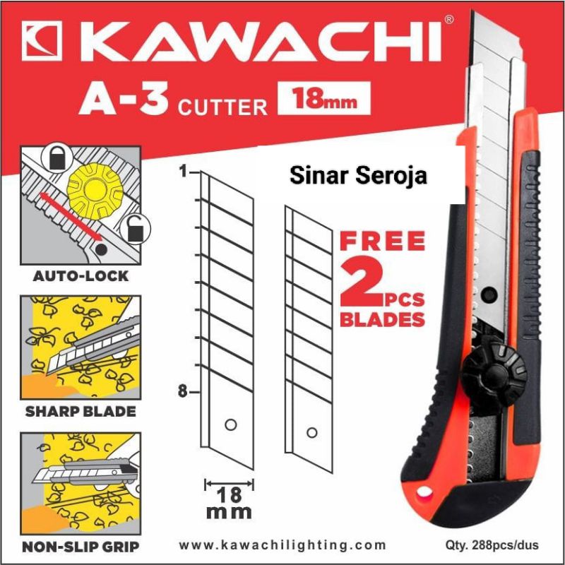 Pisau Cutter cuter Besar Gagang Anti Slip Kawachi Gratis 2 Mata Pisau