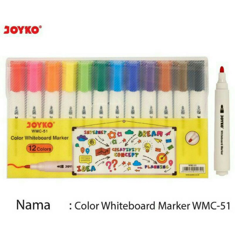 

Spidol Papan Tulis WMC-51 Whiteboard Marker 12 Warna Joyko