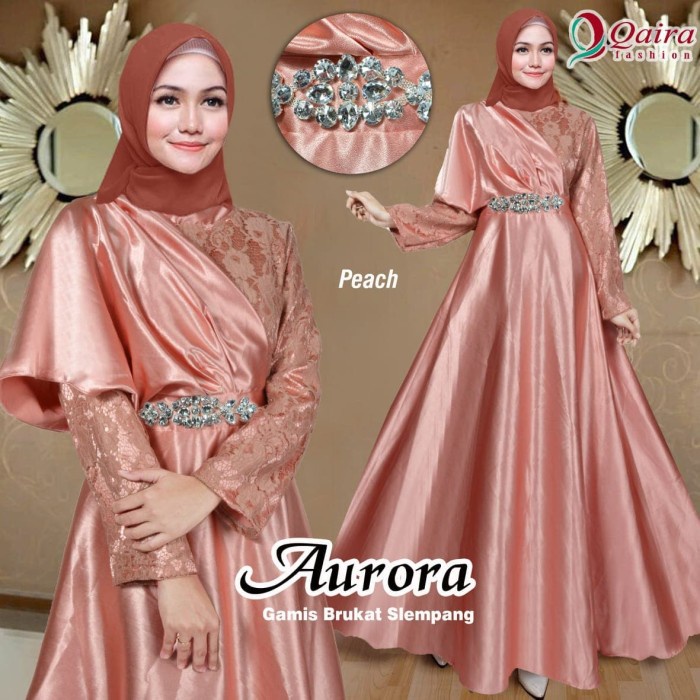 PREMIUM BAKU GAMIS PESTA AURORA 5 WRNA GAMIS LEBARAN TERBARU CANTIK MEWAH - PEACH
