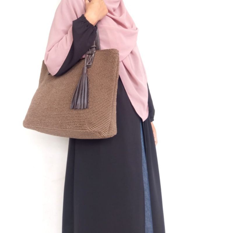 Tote bag rajut nilon Nadira Strip Waterproof nylon